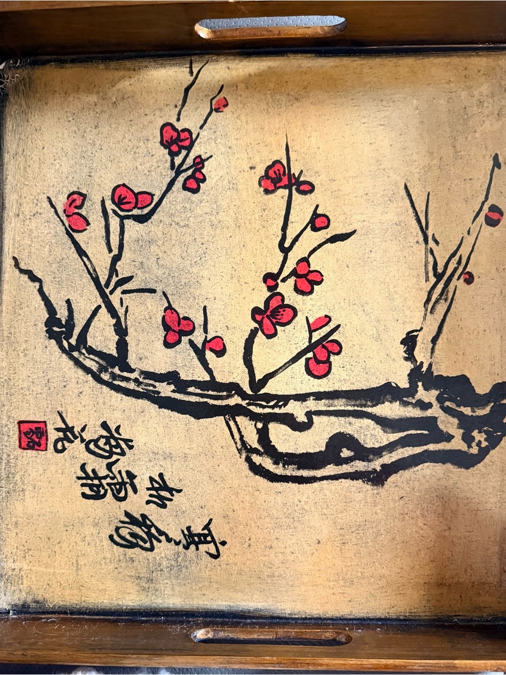 Vintage Japanese-style Gold Wooden Obon serving tray hand painted plum Blossoms